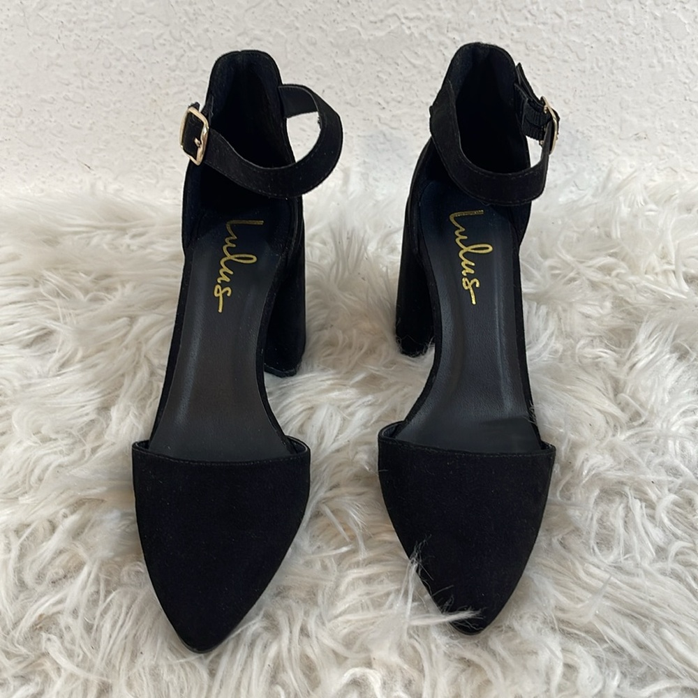 LULUS Ellarose Black Suede Ankle Strap Chunky Heels Size 5 NEW - Picture 3 of 15